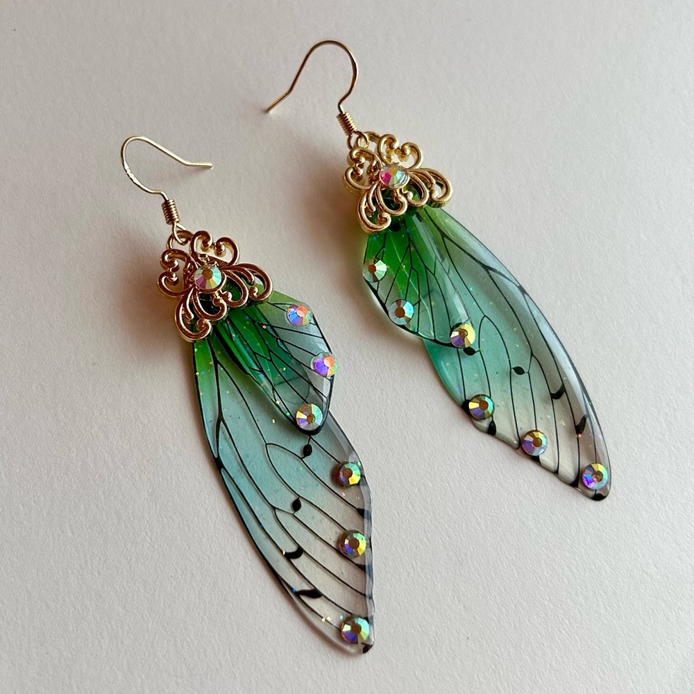 Emerald Green Butterfly Wing Dangle Earrings 925 Silver Hooks | Boho Fairycore